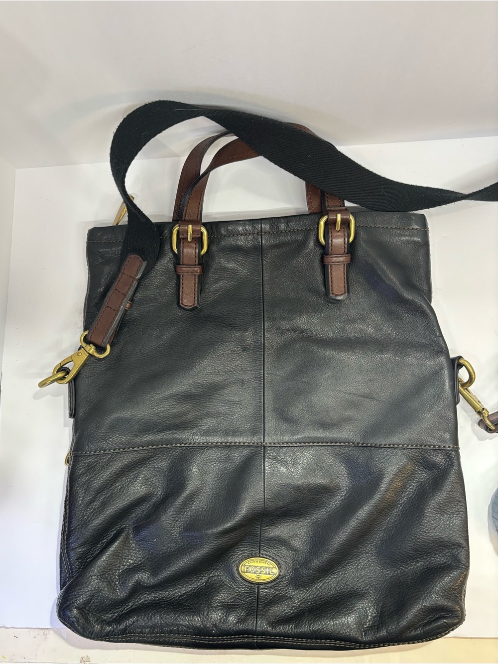 Fossil Black Soft Genuine Leather Convertible Tote/Crossbody Bag